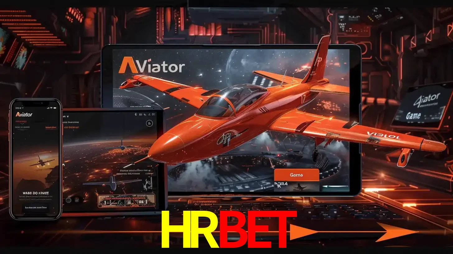 Apresentação tecnológica do jogo Aviator com um avião saindo da tela de um tablet, demonstrando a experiência imersiva em múltiplos dispositivos no HRBET.