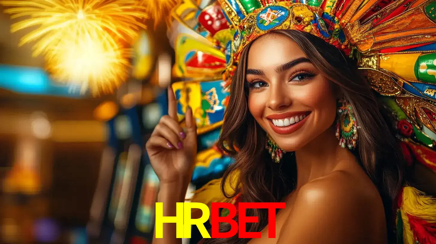 Mulher sorridente com um cocar de carnaval vibrante e colorido, celebrando uma grande vitória nos jogos do cassino HRBET com fogos de artifício ao fundo.