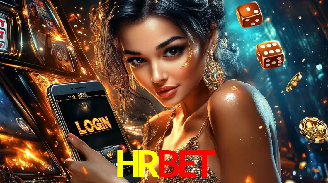 Mulher glamourosa segurando um celular com a tela de login do cassino HRBET, rodeada por dados e moedas douradas, pronta para começar a diversão.