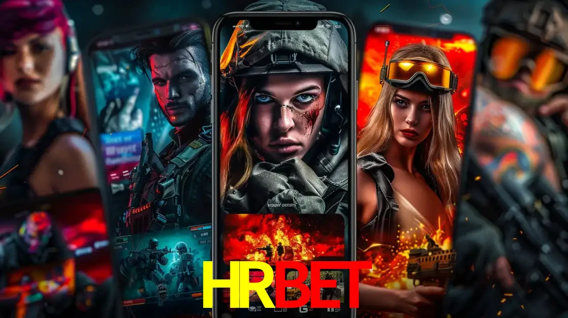 Montagem de telas de celular mostrando diversos personagens, masculinos e femininos, de um jogo de tiro, ilustrando a diversidade de equipes de e-sports para apostar no HRBET.
