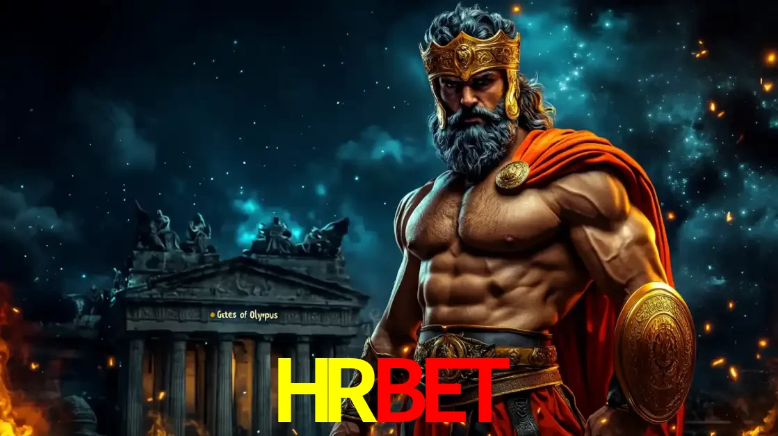 O poderoso Zeus do jogo de slot Gates of Olympus em frente ao seu templo, pronto para lançar multiplicadores divinos e prêmios épicos no cassino online HRBET.