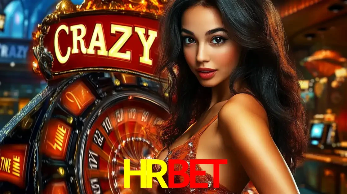 Mulher glamourosa olhando para a câmera com a roda vermelha do Crazy Time ao fundo em um ambiente de cassino, destacando a emoção dos jogos ao vivo no HRBET.