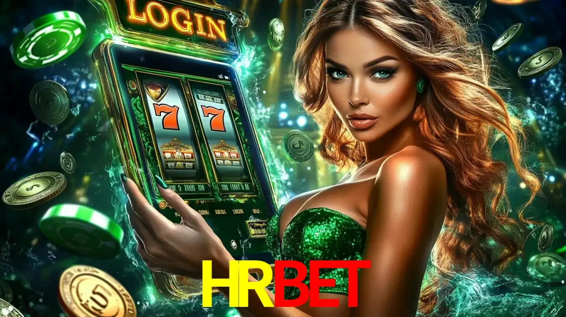Mulher com tema verde apresentando o aplicativo do cassino HRBET com um jogo de slot de 777, cercada por fichas de cassino e uma aura de sorte.