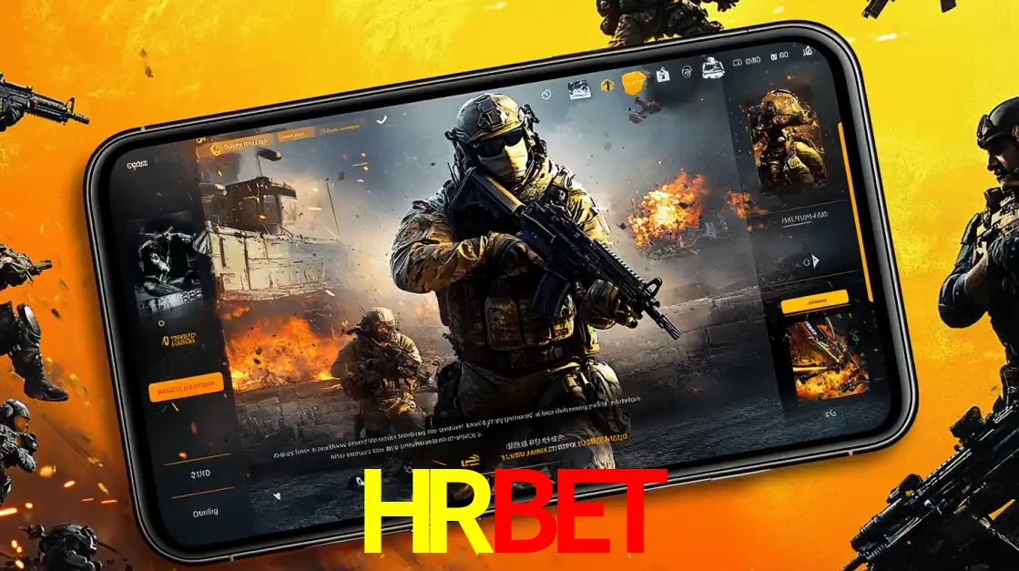 Um smartphone exibindo a interface de um jogo de tiro em primeira pessoa, com um soldado em um cenário de batalha, representando a ação dos e-sports para apostar no HRBET.