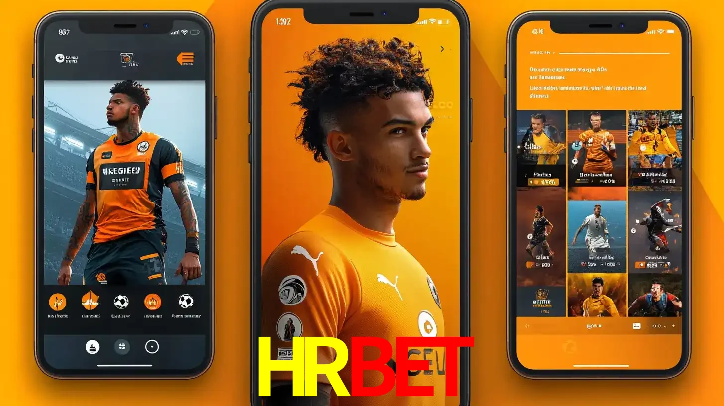 Interface do aplicativo de apostas esportivas HRBET em três telas de celular, mostrando o perfil de um jogador de futebol e a lista de jogos disponíveis para apostar.