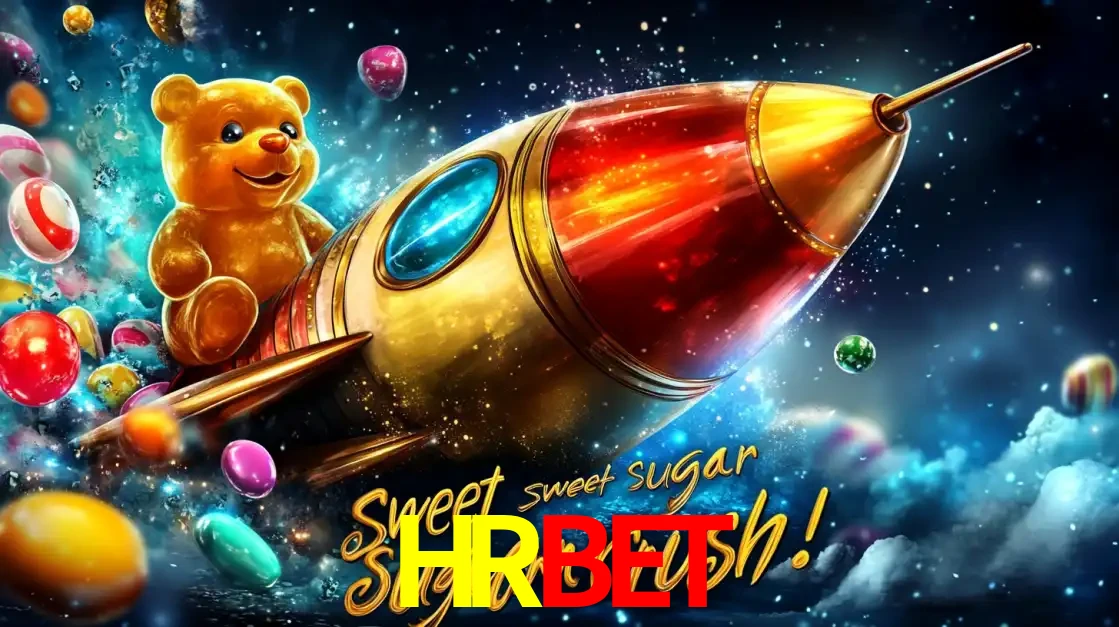 Arte promocional do jogo de slot Sugar Rush, com um urso de pelúcia em um foguete viajando pelo espaço de doces, um dos jogos divertidos disponíveis no cassino HRBET.