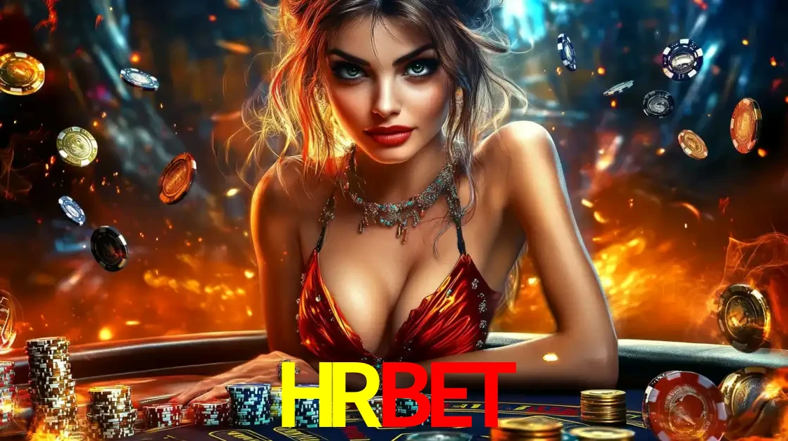Mulher em uma mesa de cassino com pilhas de fichas e um fundo de fogo, pronta para uma rodada de altas apostas nos jogos de mesa emocionantes do cassino HRBET.