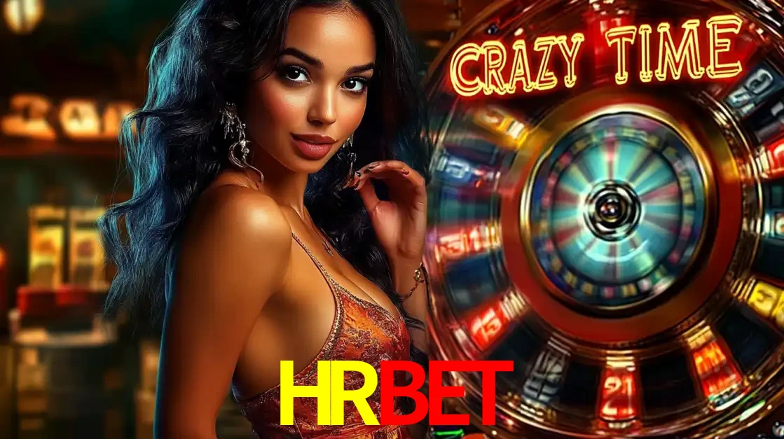 Mulher elegante ao lado da vibrante roda da fortuna do jogo de cassino ao vivo Crazy Time, um dos game shows mais populares e cheios de prêmios do HRBET.