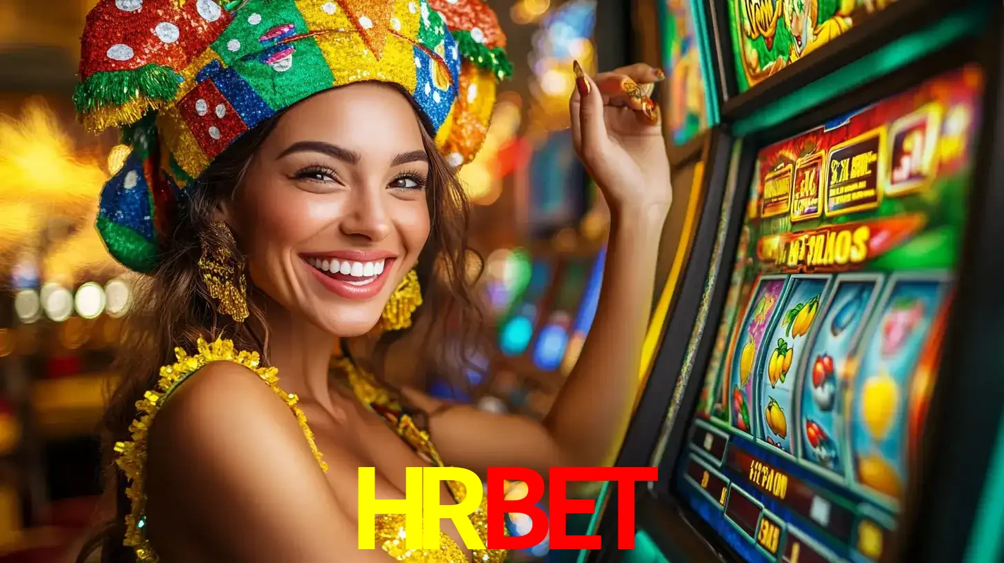 Mulher feliz com traje de carnaval amarelo e colorido ao lado de uma máquina de caça-níqueis, aproveitando a diversão e os jogos temáticos do cassino HRBET.